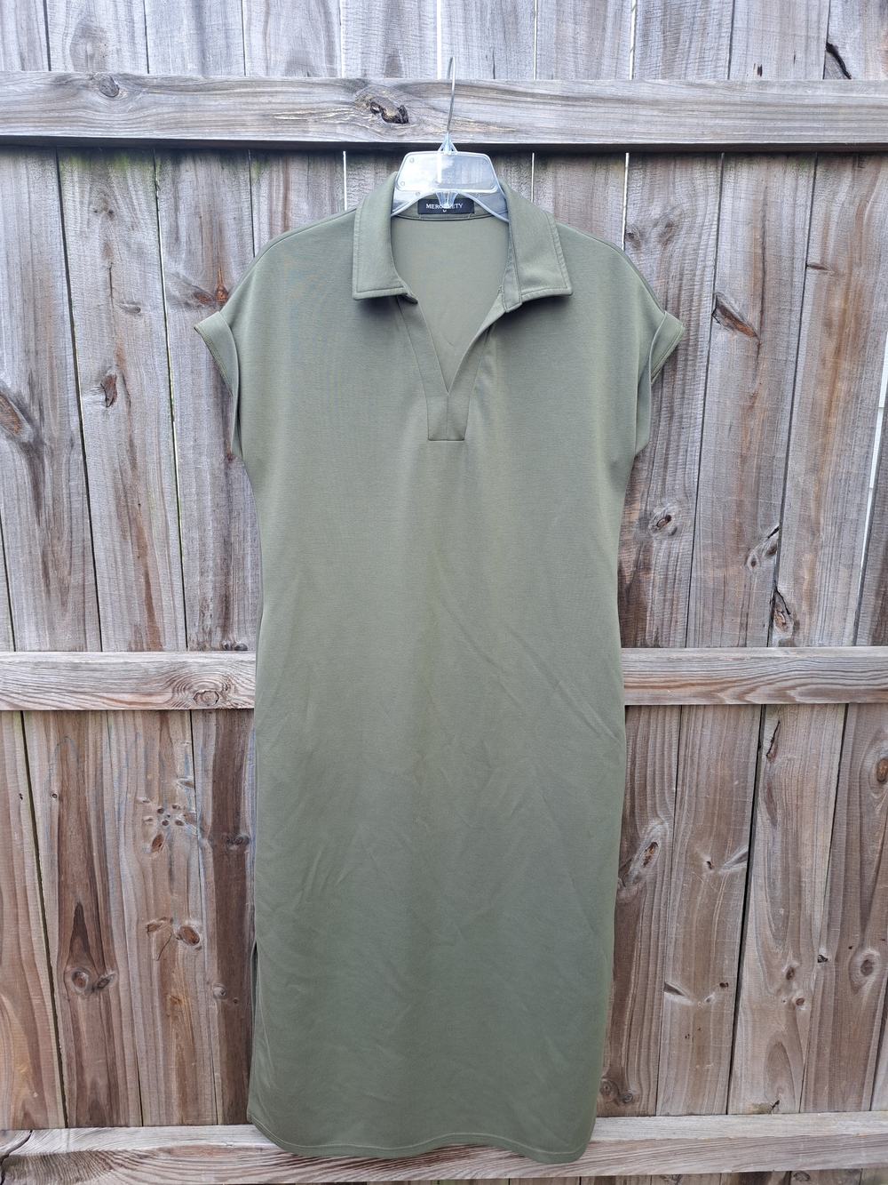 Merokeety Olive Green Polo Shirt Dress with Rolled Sleeves and Pockets